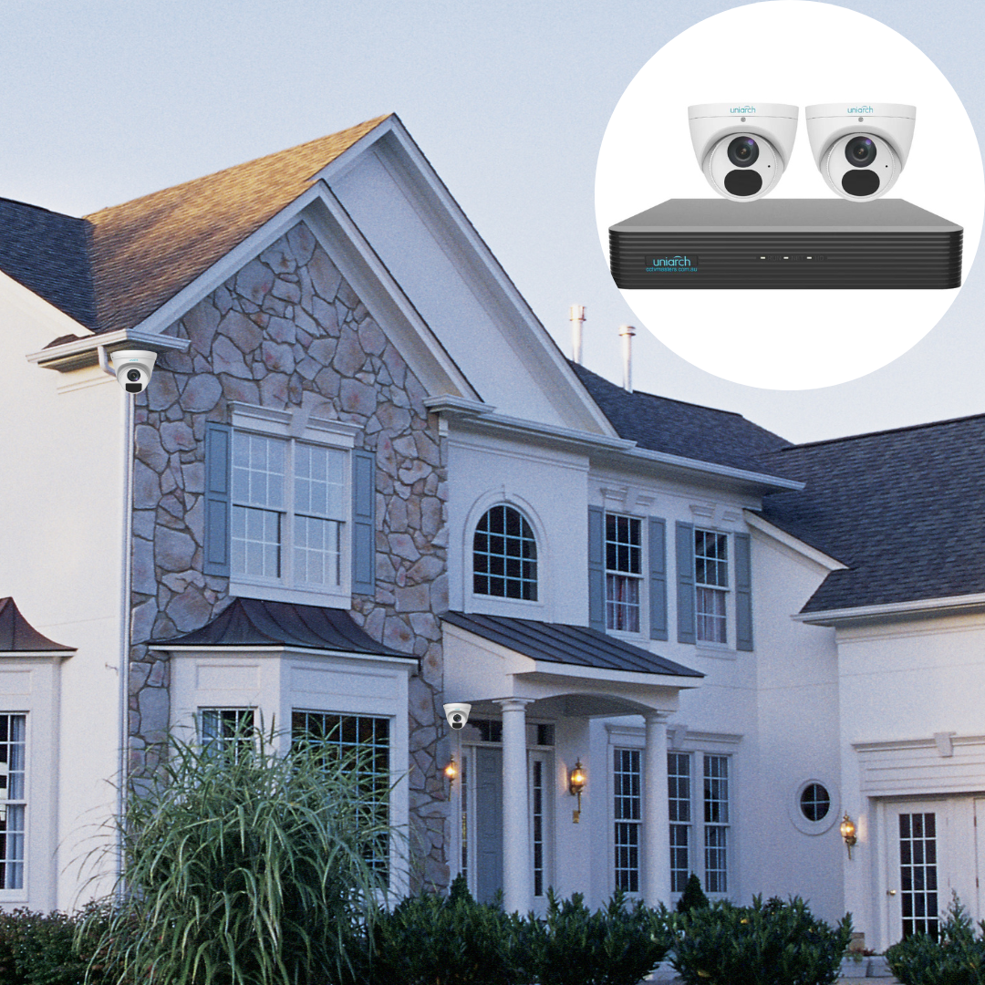  The image depicts a house with "uniarch" branded security cameras installed outside. In the inset, there are two "uniarch" cameras and a recording device, it's an  informational graphic for the security system.