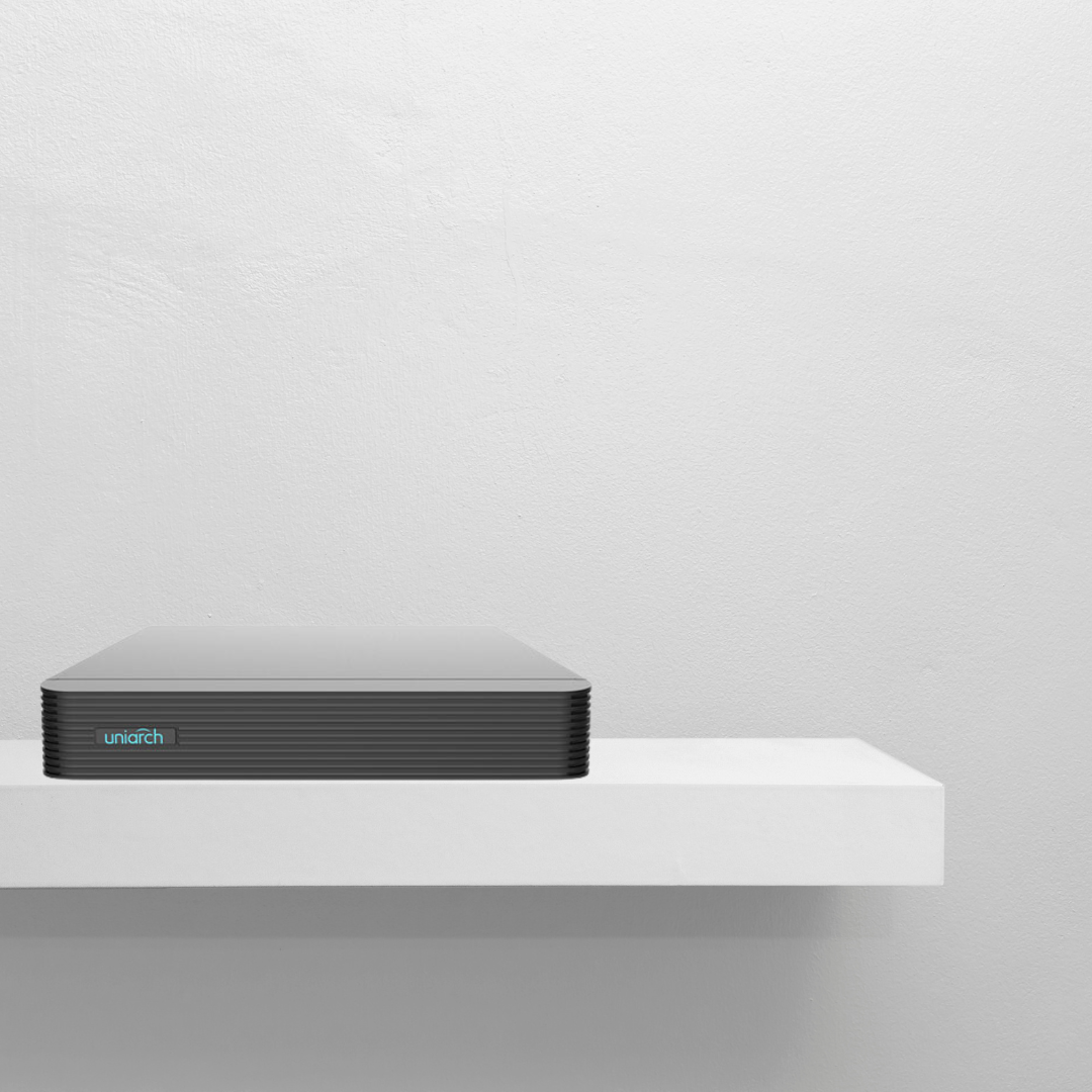 The image shows a "uniarch" branded DVR placed on a white shelf against a white wall.