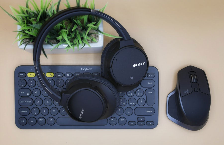 A neatly arranged desktop setting featuring a Logitech keyboard and a wireless mouse, accompanied by a pair of Sony over-ear headphones. The headphones are placed on  the keyboard, emphasizing their sleek and modern design. In the backdrop, there's a small potted plant with green leaves, adding a touch of nature and freshness to the tech-centric composition. The neutral background complements the dark colors of the gadgets, creating a harmonious and modern workspace ambiance.