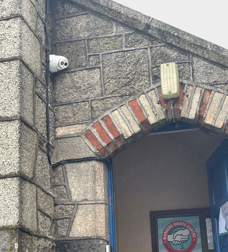 this image shows an installation of a cctv camera in Ireland over looking a entrance to a hall